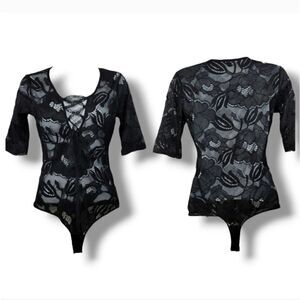 Vintage Y2K Guess Lace Up Corset Sheer Black Lace Bodysuit Top Size Small